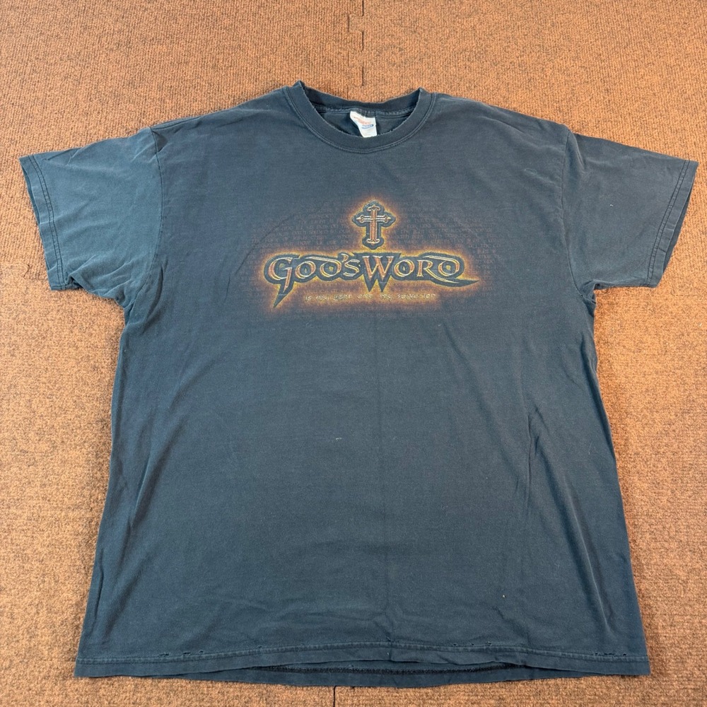 Y2K Hanes Heavyweight Gods Word Graphic T-Shirt Black XL Cross Religious Vintage